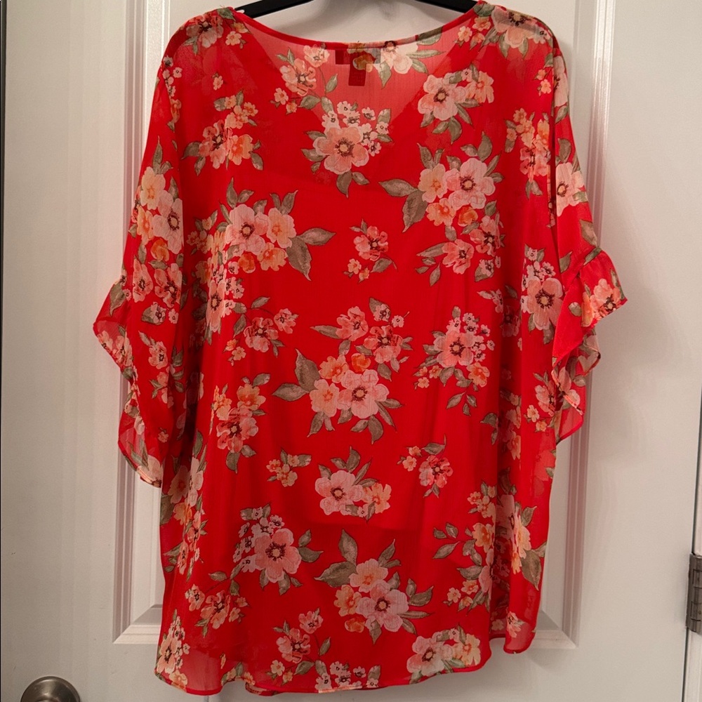 I.N. Studio floral blouse button down, ruffle sleeve solid tank top included 2X - Picture 6 of 14